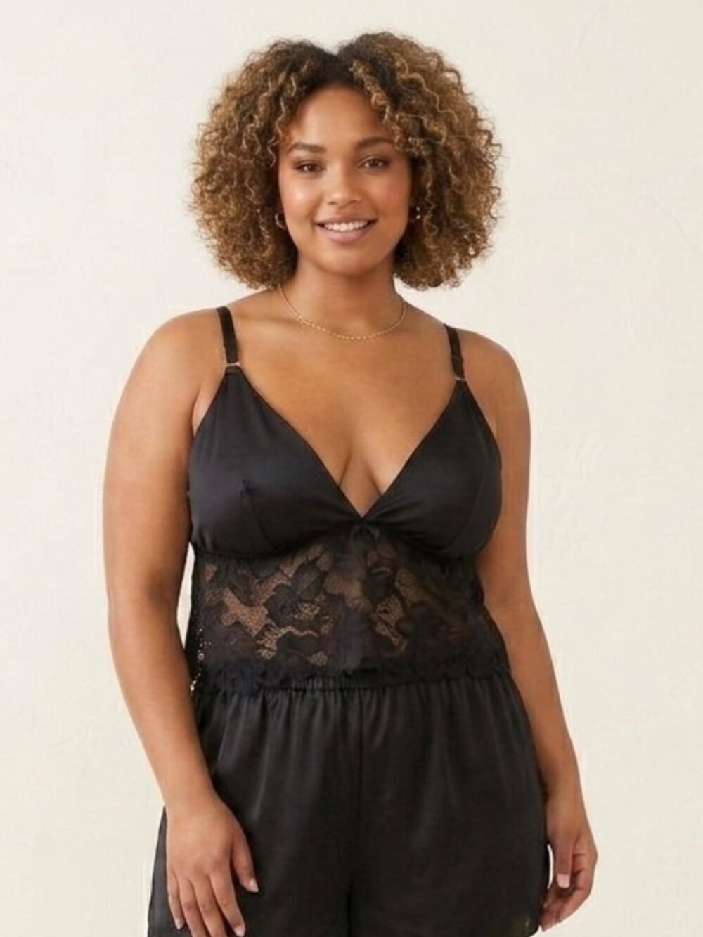 Auden Black Satin and Lace Lightly Lined Cami Bra Top 1X